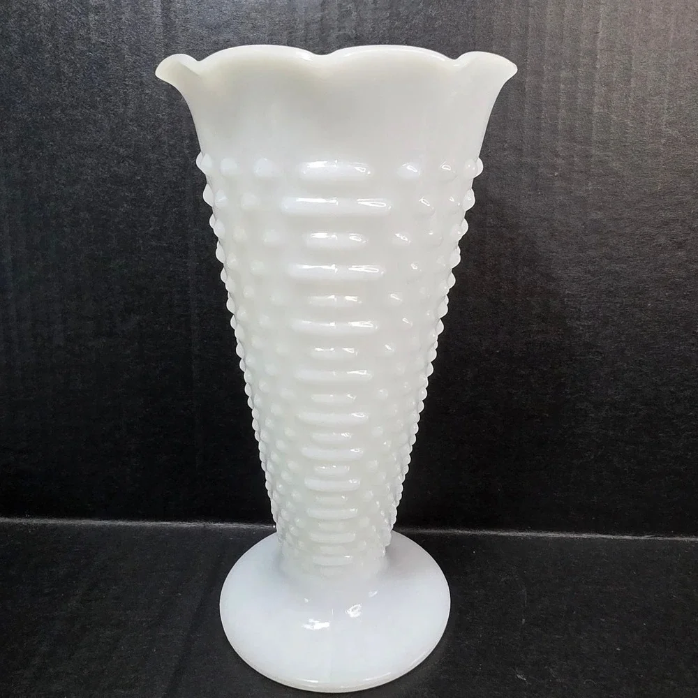 Hobnail Milk Glass Vase Scalloped Trumpet 9 Inch White Vintage Pedestal